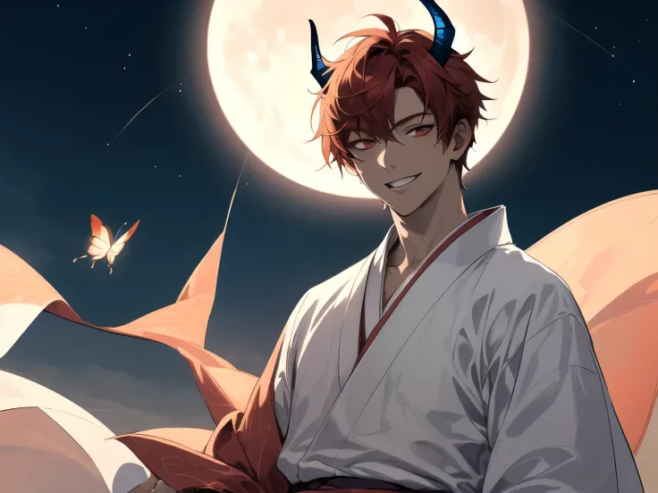 masterpiece,Dynamic Angle,,male,one person,Upper Body, Face close-up,Short Red Hair, Demon horns on head,,tooth,Bright atmosphere, Butterfly,smile,Brown skin, Dressed in a kimono and barefoot,Night Full Moon