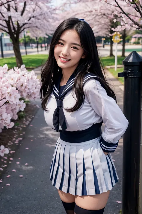 (Hyperrealism, 10, very detailed, highest quality, Very detailed, masterpiece, 超Realistic, High Detail, Raw photo, Realistic,）((School、school gate、spring、The cherry blossoms are blooming a little)）,(((Sailor suit, school uniform))), (((Black pleated skirt)...