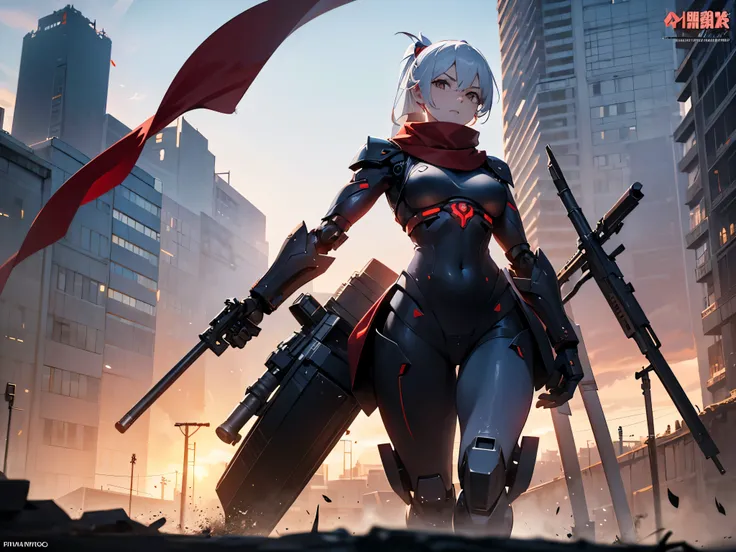 (Female Ninja Cruel Mecha: 1.3, Mecha that covers the whole body, Heavy AWP on your back, Digital SLR, Light Tracing, 3D, Concept Art, action painting, Cinema Lighting, Chiaroscuro) :(1.3). emphasize the curve of the chest, Long white ponytail hair looks e...