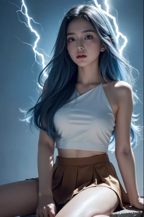 1girl,small breast,{bare knee},best quality,highly detailed,{{masterpiece}},ultra-detailed,illustration,{{{hiten}}},Depth of field,wind lift,very long hair,beautiful detailed eyes,{{{a mechanical arm}}},{surrounded lightning magiccircle},light blue eyes,be...