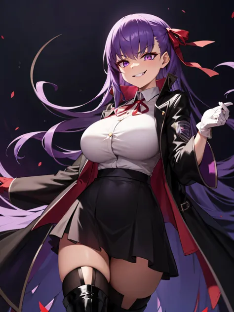 isometric, mid shot,  night, ,,, purple hair, black jacket, white shirt, black skirt, red ribbon, big breasts, purple eyes, whit...