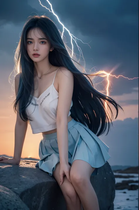 1girl,small breast,{bare knee},best quality,highly detailed,{{masterpiece}},ultra-detailed,illustration,{{{hiten}}},Depth of field,wind lift,very long hair,beautiful detailed eyes,{{{a mechanical arm}}},{surrounded lightning magiccircle},light blue eyes,be...