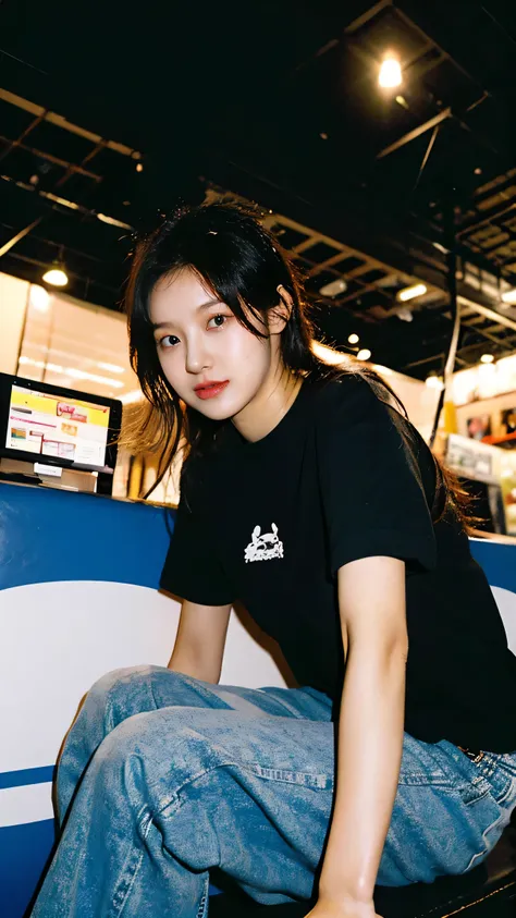 full body girl, arafed woman in a black shirt sitting, background at plane museum, outlive streetwear collection, black t-shirt,...