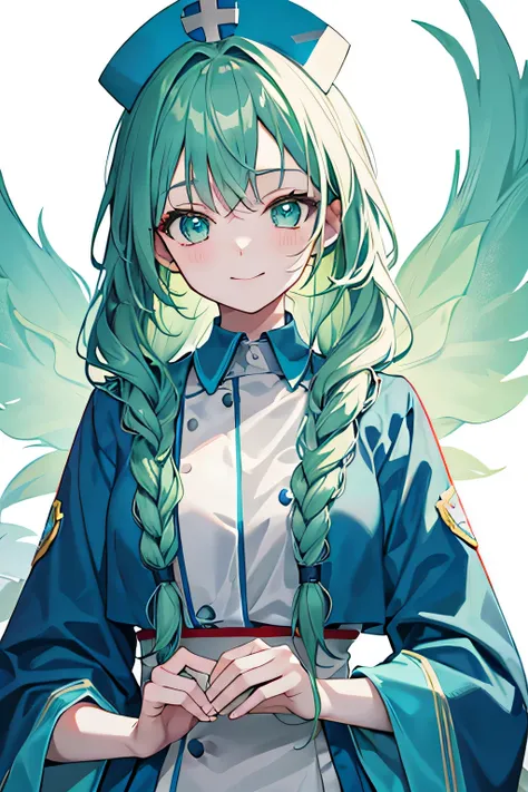 Green-haired girl, braids hair, reclusive, magical girl, pre-cure, (((white background))), one girl, 16 years old, mature, healing, wizard, recovery, quiet, nurse, smiling, nurse cap