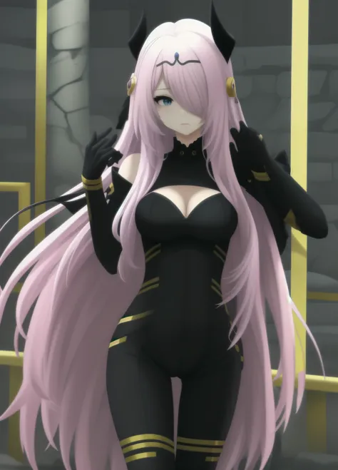 victoria horns, tiara, veil, black bodysuit, shoulder armor, long sleeves, cleavage cutout, black gloves, black overskirt, black pants
