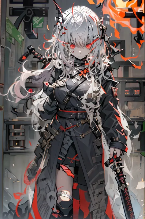 Burning streets ，A raging fire，Anime girl with white hair and red eyes holding a knife, Demon anime girl,  With glowing red eyes, 身穿黑色Trench coat的動漫女孩， 1 girl, Full body photo of the individual,, 摩托Trench coat，Trench coat，empire，Fighting Stance，Master of s...