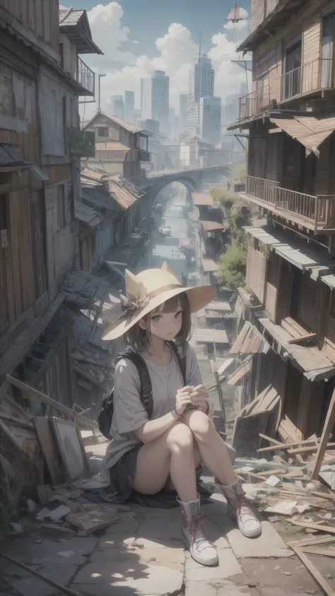 (best quality,4k,highres,ultra-detailed,realistic:1.2) inside the closed maze,((the sky is filled with falling buildings)),collapsed houses,one 20years old woman,blonde short hair,sitting on the floating house