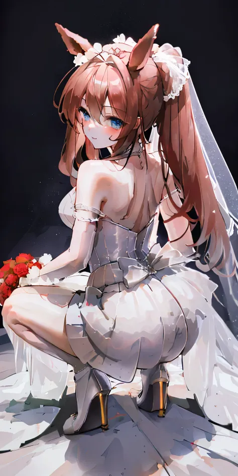 Ultra-fine face, masterpiece, best quality, Upper Body, Smile, Brown long hair，on stage, skirt, Ponytail,White Wedding Dress，Squat，（Squatting on the ground），（Squatting on the ground），Horse ears，Horse girl ears，Red roses decoration，（White Wedding Dress），Man...