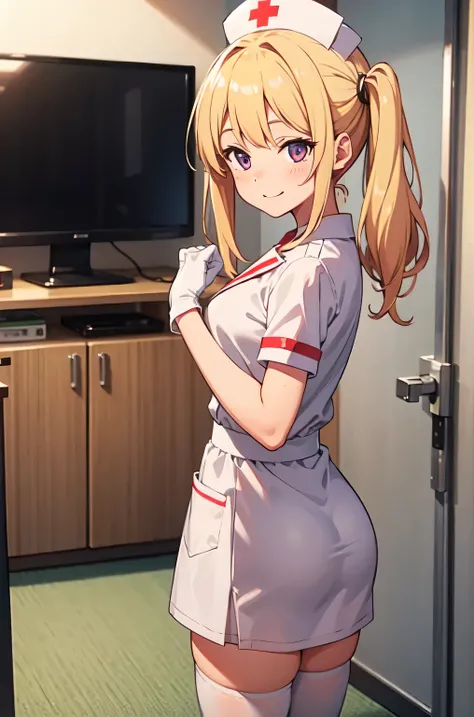 1girl, solo, nurse, nurse cap, white nurse uniform, ((white legwear, zettai ryouiki)), white gloves, twintails, yellow hair, purple eyes, smile, standing, ((hospital room)), sharp outline, short sleeves, best quality, masterpiece