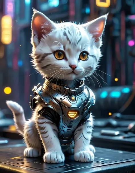 a cute kitten made of metal, , cyberpunk style, ((intricate details)), hdr, ((intricate details, ultra detailed)), movie lenses,...