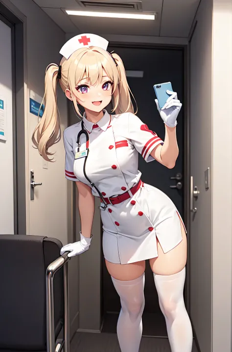 1girl, solo, nurse, nurse cap, white nurse uniform, ((white legwear, zettai ryouiki)), white gloves, twintails, yellow hair, purple eyes, smile, standing, ((hospital room)), sharp outline, short sleeves, best quality, masterpiece