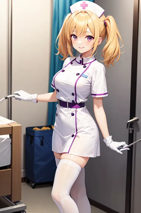 1girl, solo, nurse, nurse cap, white nurse uniform, ((white legwear, zettai ryouiki)), white gloves, twintails, yellow hair, purple eyes, smile, standing, ((hospital room)), sharp outline, short sleeves, best quality, masterpiece