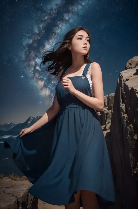 (under the enchanting night sky filled with twinkling stars, a freckled-faced woman in a pinafore dress is deep in meditation, with automatic white balance perfectly capturing the interesting lights and shadows on her face, her ultra-detailed eyes reflecti...