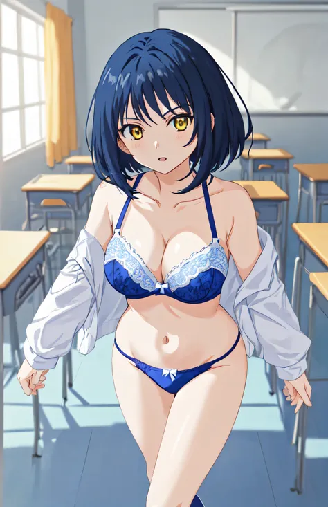 anime girls in a blue bra with a white lace trim and blue panty with a white bow、woman with short dark blue hair、woman with yell...