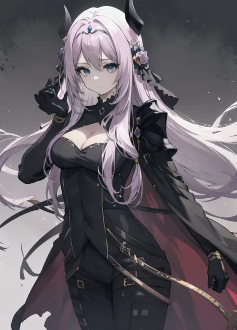 victoria horns, tiara, veil, black bodysuit, shoulder armor, long sleeves, cleavage cutout, black gloves, black overskirt, black pants
