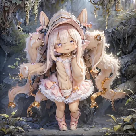 in the garden, Smiling Girl, Similar to Nanachi from Made in Abyss. She is beautiful, Beautiful eyes and lips. Girls (((Chibi Style,))) . The image quality is of the highest quality, Highly detailed and realistic features. The medium of the artwork is、A co...