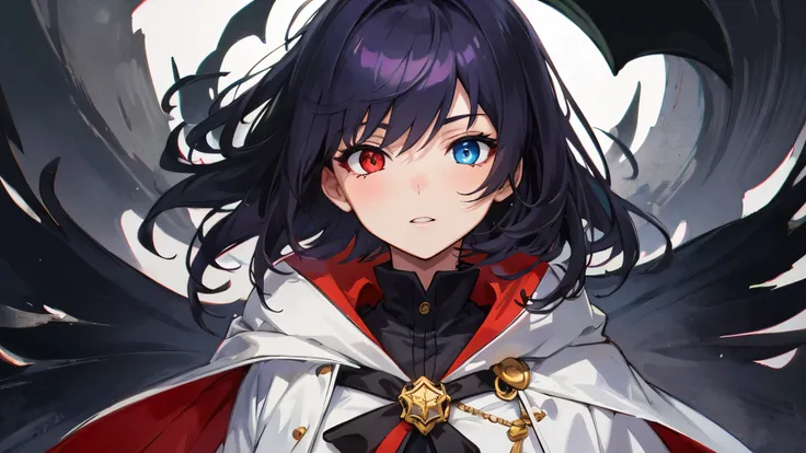 (masterpiece, highest quality, Very detailed, Best Shadow), (Beautifully detailed face), High Contrast,1girl,only,short hair,purple hair,heterochromia(red eyes,blue eyes),Upper Eye,dress,Cape,The clothes are mainly black