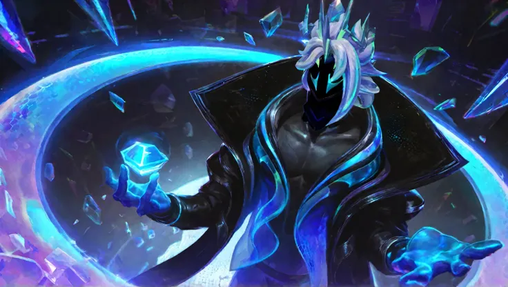 best aesthetic, lolsplashart, 1man, man wearing a futuristic neon black suit jacket with the collar glowing blue, plain black futuristic mask, glowing shades of blue and purple, long light cyan hairstyle, floating glowing light cyan crown, wears a blue cry...