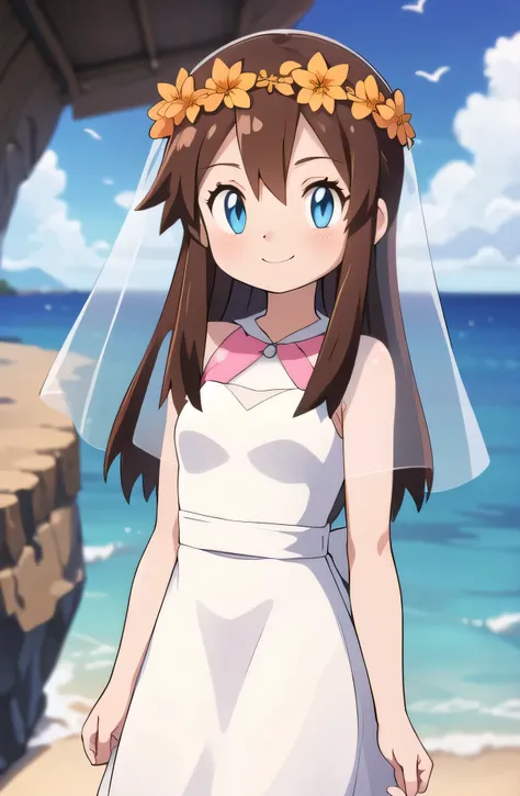 melody_pokemon, blue eyes, long hair, brown hair, white dress, bridal veil, flowers, head wreath, smile, ocean, cliff, cowboy sh...