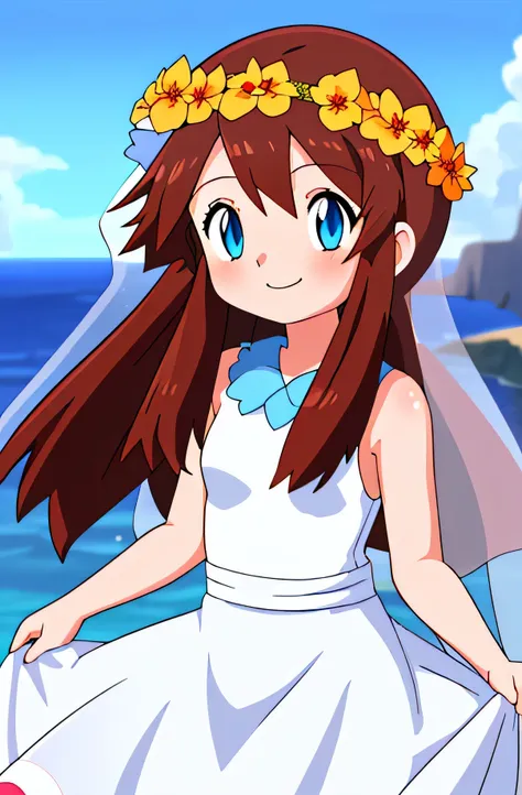 melody_pokemon, blue eyes, long hair, brown hair, sleeveless white dress, blue top, bridal veil, flowers, head wreath, smile, oc...