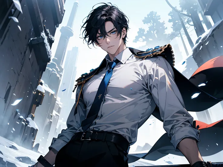 1 male,, 26 year old, masculine, short black hair, Attractive, red tie, White shirt, Black belt, Black pants, Long large eyes of ocean color, Beautiful blue eyes、beautiful hair、no expression, holding a sky blue sword, black hilt, Trending on ArtStation, 8K...