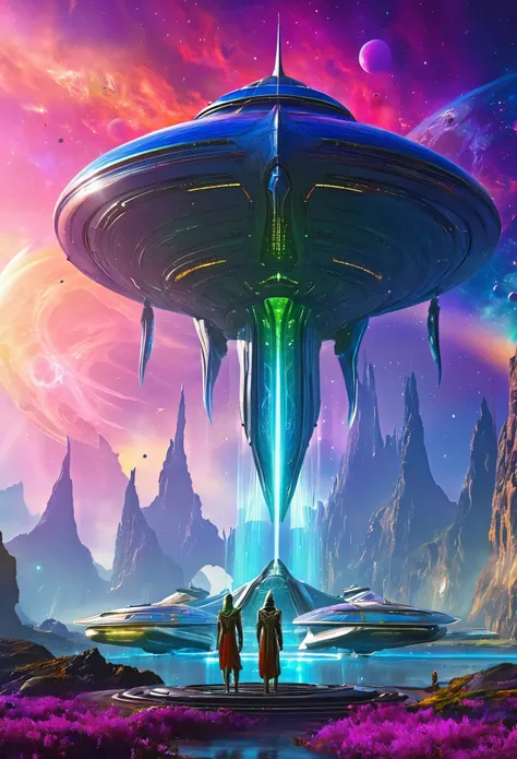 alien civilization，Elven people，befall，Starship，Colorful scene