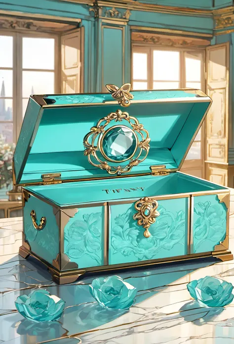 best quality, super fine, 16k, incredibly absurdres, extremely detailed, delicate, flashy and dynamic depiction, Inside a Tiffany blue jewelry box are letters with faded sealing stamps and lots of memories, background room in a Western-style building