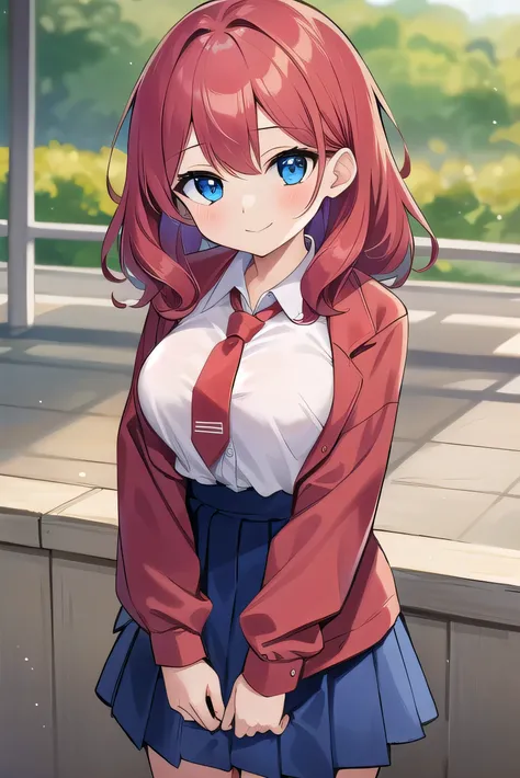 Big breasts, red hair, blue eyes, droopy eyes, red jacket, long sleeves, navy skirt, elementary school student, super big breasts, (medium hair: 1.2), baggy clothes, elementary school student, young face, short, 10 years old, shy, little smile, red tie, gy...