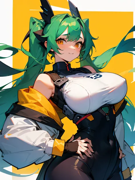 1girl, solo, , masterpiece, disproportionate breasts,chubby body ,gigantic breasts, sagging breasts, oppai, 13years, twintail hair, green hair, slanted eyes, orange eyes, gentle smile,