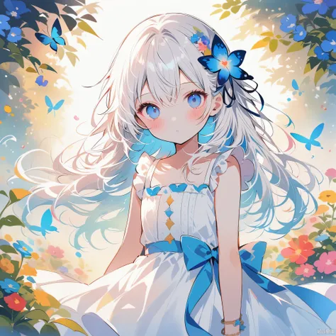 masterpiece,best quality,high quality,(colorful),Artist onineko,1girl,loli,flower,solo,hair ornament,dress,bug,butterfly,blue eyes,hair flower,long hair,holding,looking at viewer,blue flower,white dress,blue butterfly,bare shoulders,food,fruit,hair between...