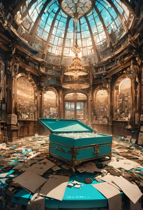 best quality, super fine, 16k, incredibly absurdres, extremely detailed, delicate, flashy and dynamic depiction, Inside a Tiffany blue jewelry box are letters with faded sealing stamps and lots of memories, background room in a Western-style building