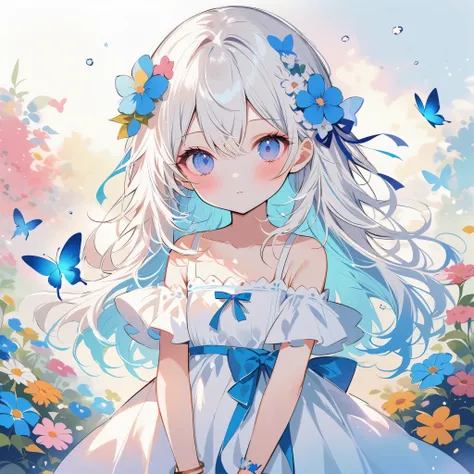 masterpiece,best quality,high quality,(colorful),Artist onineko,1girl,loli,flower,solo,hair ornament,dress,bug,butterfly,blue eyes,hair flower,long hair,holding,looking at viewer,blue flower,white dress,blue butterfly,bare shoulders,food,fruit,hair between...