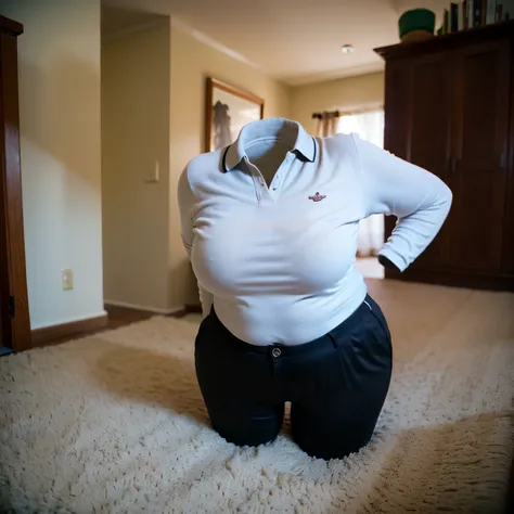 streching, on floor, fat, chubby, plaid leggings, (from back), polo shirt, stripe tie, (invisible, no humans, headless, faceless:1.5), cute big breasts, (8k, RAW photo, best quality, masterpiece:1.2), (realistic, photo-realistic:1.37), photon mapping, radi...