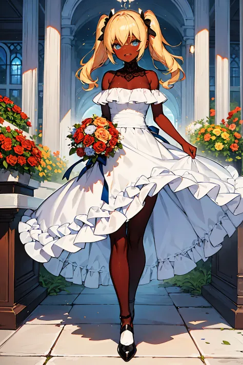 masterpiece, best quality, 1girl,full body,twin tail,bright Gold Hair,blue eyes,dark skin,looking at the viewer, ((holding a bouquet)),red rose bouquet,open mouth smile,Im in a flower garden,white  evening dress,Stand with your feet shoulder-width apart