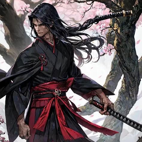 Um homem, espadachim, kimono preto, cabelos longos preto, segurando katana, poder das trevas, melhor qualidade, homem forte, serious face, serious look, katana escura, folhas de sakura, arvores de sakura, rosto jovem 