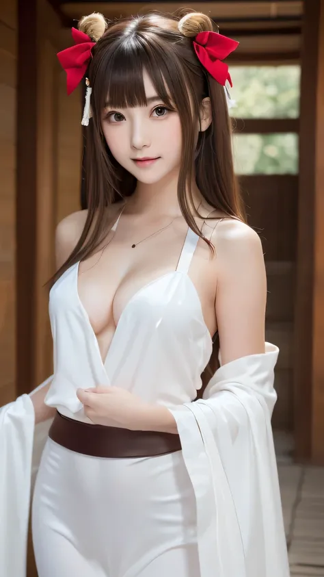 Tabletop, highest quality, One Girl, (beautiful girl:1.3), (18-year-old:1.3), Very fine grain definition, (Symmetrical eyes:1.3), (shrine maiden costume, White costume:1.2), big breasts, Brown eyes, parted bangs, brown hair