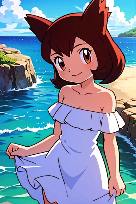 1 girl, solo, pokemon heroes (bianca), brown hair, brown eyes, bare shoulders, strapless, off shoulders, white ruffle off the sh...