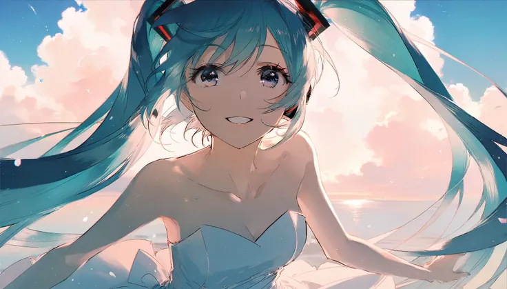 by rella, by dsmile9, break
watercolor,
break
hatsune_miku, solo, parted lips, detailed face, detailed eyes, detailed hair, wind effect, 
break
dynamic angle,
break
strapless, bare shoulders, collarbone, Illusion neckline wedding dress, inspired by Yoh Yos...