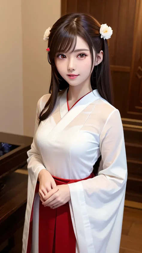 Tabletop, highest quality, One Girl, (beautiful girl:1.3), (18-year-old:1.3), Very fine grain definition, (Symmetrical eyes:1.3), (shrine maiden costume, White costume:1.2), Beautiful breasts, Brown eyes, parted bangs, brown hair