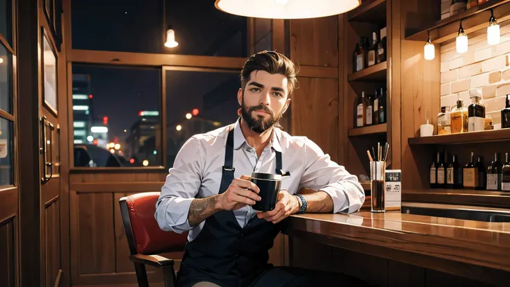 A handsome, bearded coffee shop owner,evening,relax,jazz