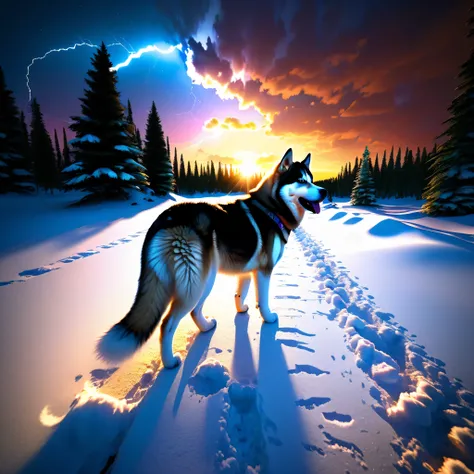 sunset "Husky Malamute howling" Masterpiece pillar_of_the_universe nature snow deep path equirectangular optimal moon meticulously intricate ultra_high-details luminescence volumetric lightning contrast ultra_high-resolution ultra pro-Photorealistic ultra_...