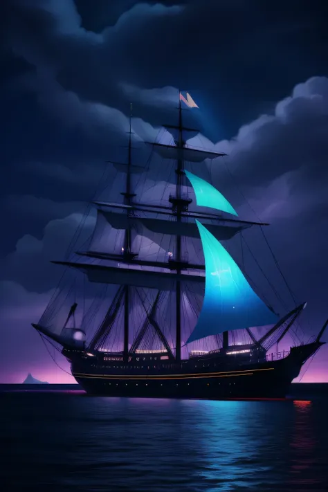 Neon Light Art, in the darkness of the night, A large ship sails , cloud, performer, colorful, detailed, 4K、The ship is far from the coast.　Looks small、