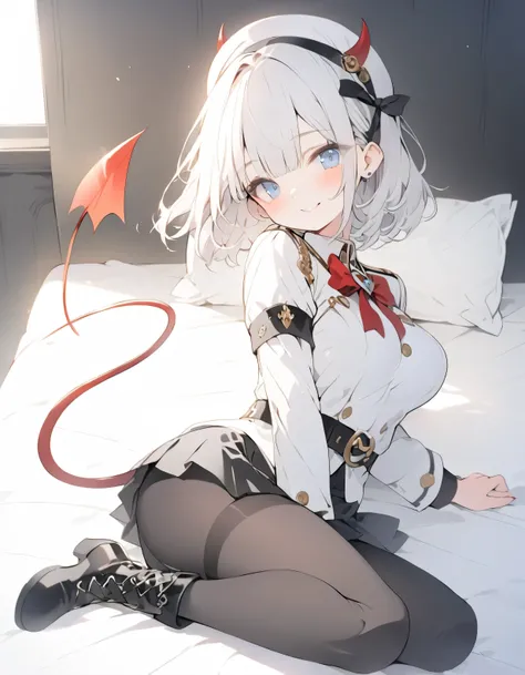 highest quality)), ((masterpiece)),Perfect Face((highest quality)）cute,beautiful girl,Pure white hair,bangs,Medium Hair、blue eyes.Alone,smile,Cute, Short Hair、Beautiful eyes,Healthy Body、Beautiful breasts、8K、wallpaper、belt、White military uniform、mini skirt...