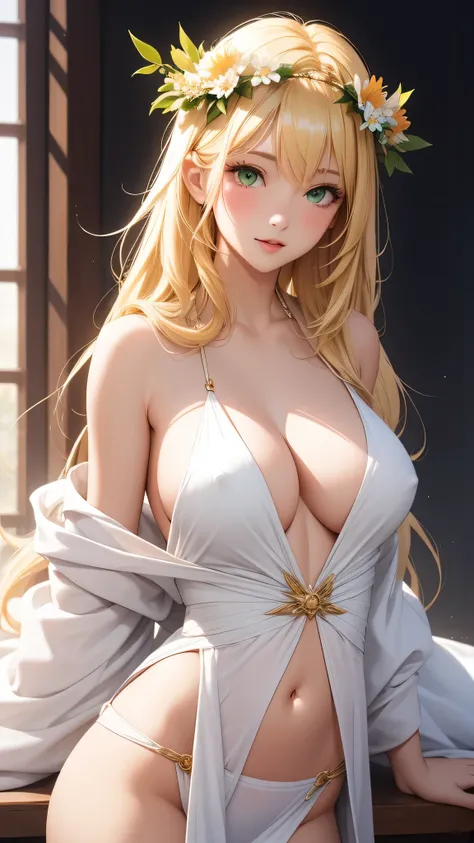 Best quality, 30yo woman, big breasts, blonde long hair, green eyes, sexy thin white robes, sunset, thin fabric, upper body, sexy, angelic, flower crown, skimpy,