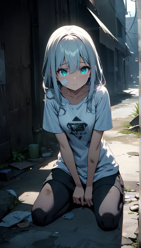 ((dark theme. full resolution. masterpiece. Full HD. very detailed. very detailed eyes. best quality.)) 1girl. young girl. very beautiful and cute girl. thin body. poor girl. longhair. white hair. charming bright aqua eyes. breasts. dirty t-shirt. oversize...