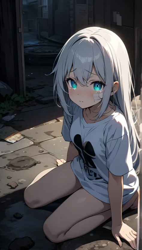 ((dark theme. full resolution. masterpiece. Full HD. very detailed. very detailed eyes. best quality.)) 1girl. young girl. very beautiful and cute girl. thin body. poor girl. longhair. white hair. charming bright aqua eyes. breasts. dirty t-shirt. oversize...