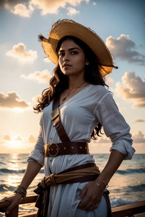 Best quality, high resolution, Masterpiece: 1.3, Realistic Indian woman in Pirate outfit, Adventure theme, Gazing at the sea, Wearing Anime One Piece Luffys straw hat, Dreaming of being a Pirate, Detailed costumes, Pirate jacket and belt, Scarf around neck...