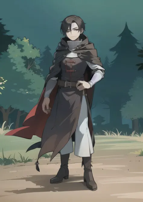 Cartoon character wearing a long coat and boots standing in a field, young shadow mage male, Adventurer&#39;s large cloak, Uchiha Bandei, Thin male mage, Wearing dark robes, Cloaked in a flowing cloak, Inspired by Masanobu Okumura, The wizard, Male vampire...