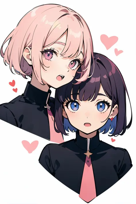 2 girls, 2 people. black and pink hair, long and short hair, in a high , whitebackground, upper-body, Big Faces, look at the viewer, with admiration, with stars and hearts in the eyes, open mouths
