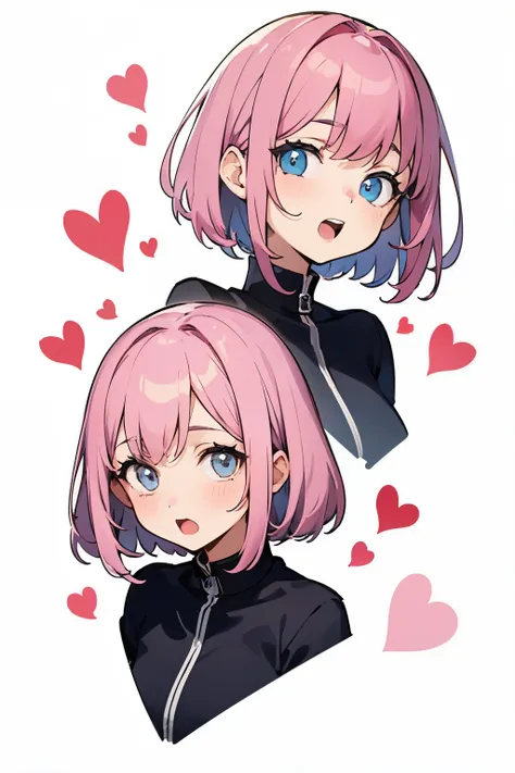 2 girls, 2 people. black and pink hair, long and short hair, in a high , whitebackground, upper-body, Big Faces, look at the viewer, with admiration, with stars and hearts in the eyes, open mouths
